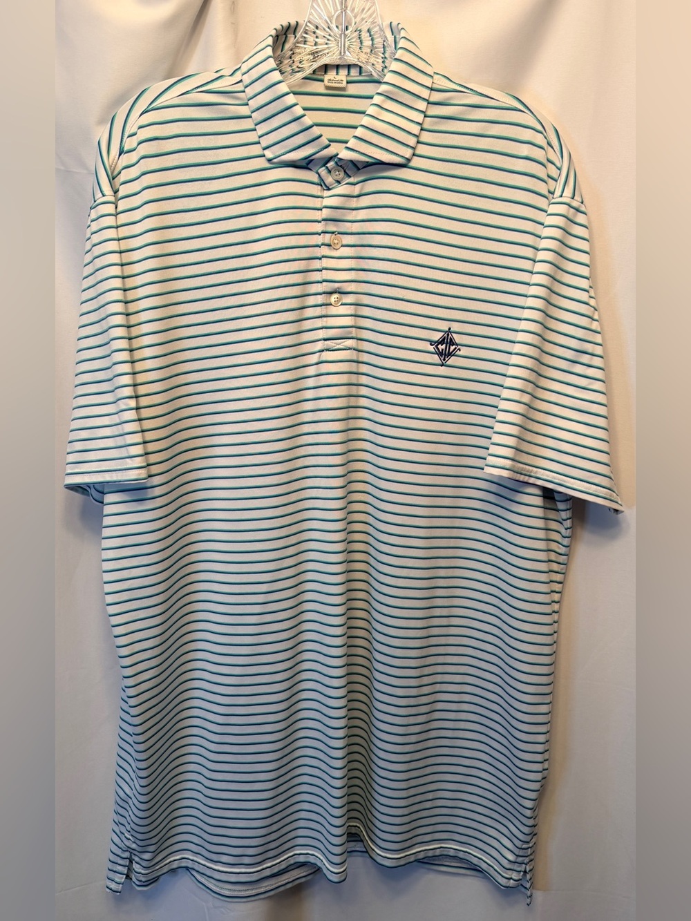Holderness & Bourne Men’s Large Striped Golf Polo Shirt White Green Blue *Logo